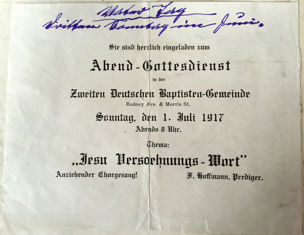 Announcement of the evening service on July 1, 1917 at the Second German Baptist Church led by Rev. Hoffmann.