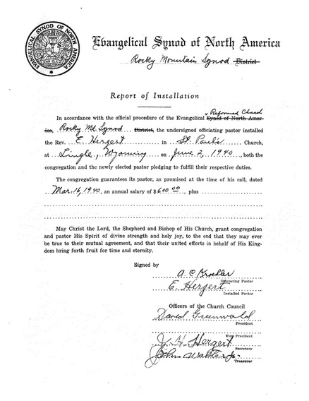 A Report of Installation for Rev. Elias Hergert in Lingle, Wyoming in 1940.