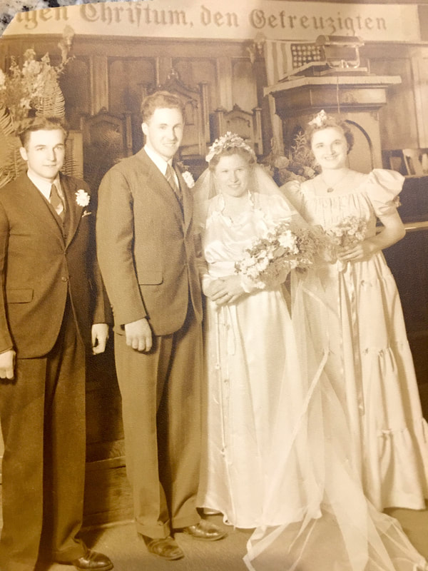 The wedding of Roy Slaughter and Hilda Rebmann on June 9, 1940. Ray R. Slaughter and Christine Seder are witnesses. Source: Terrie Conyers.