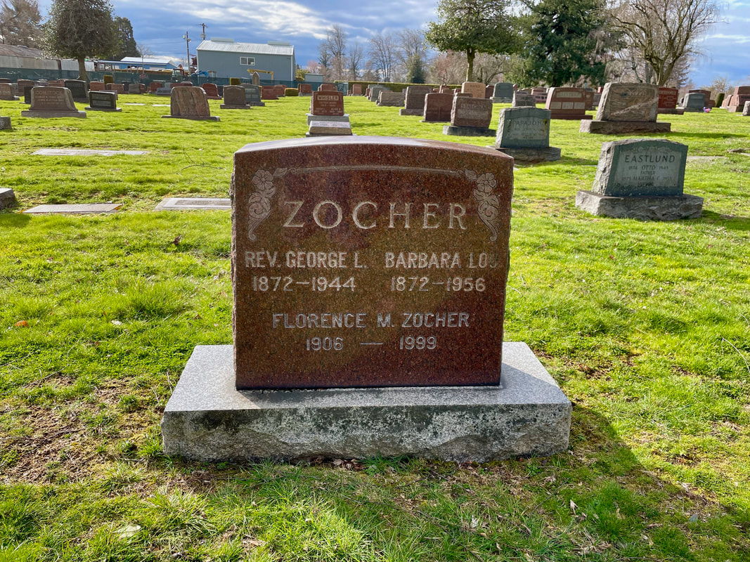 Headstone for Rev. George L. and Barbara Zocher. Their daughter Florence was buried with them. Source: Steven Schreiber.
