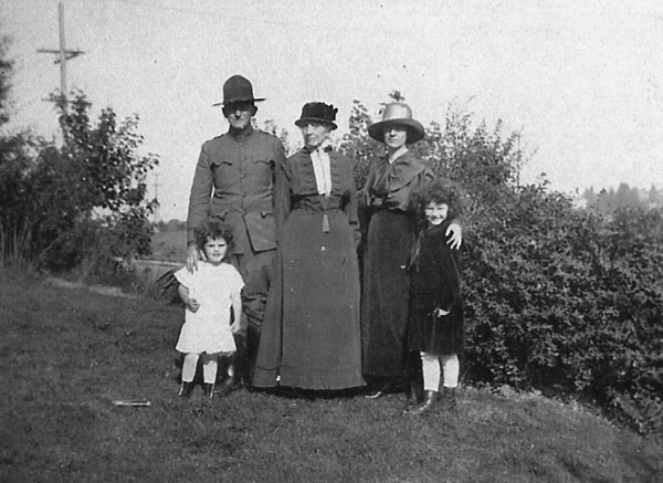 1916, going off to the trenches of World War One.  Left to right:  Frances, Jacob, Rebecca Elmira McCord Hamer, Grace, and Jane Kanzler. Photograph courtesy of Jim Buskirk.