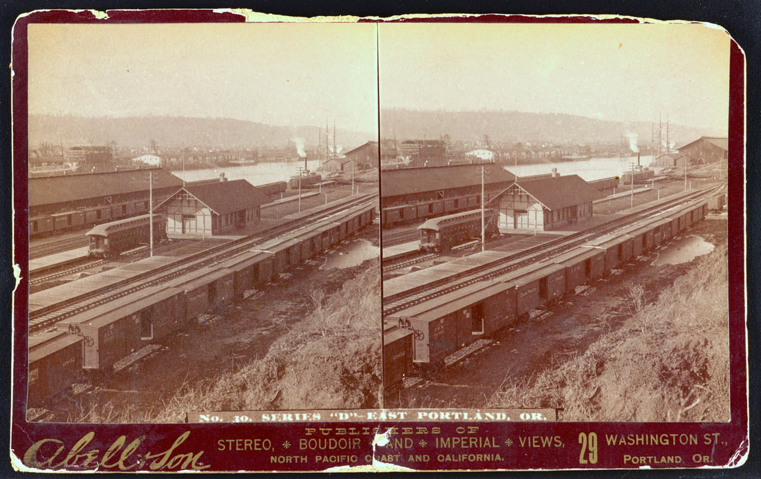 Stereographic photo of the earliest train station in East Portland circa 1885