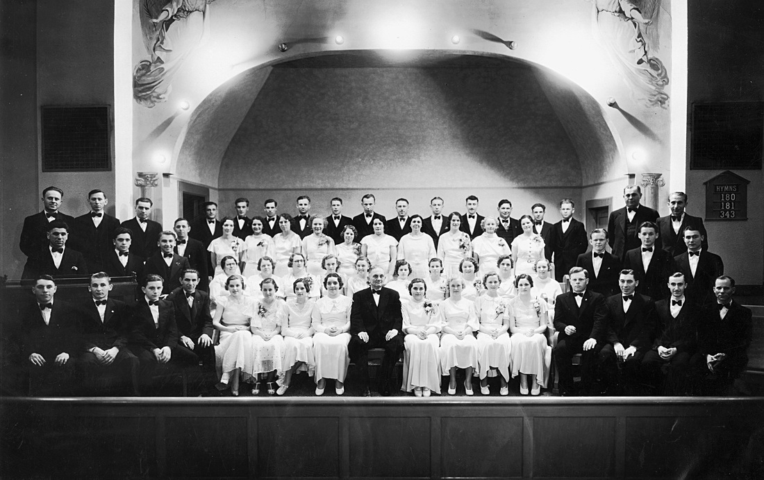 German Brethren Church Choir 1935.  Reverend Richard Schmalle (interim Pastor for 5 months). Photograph courtesy of Marie Krieger.