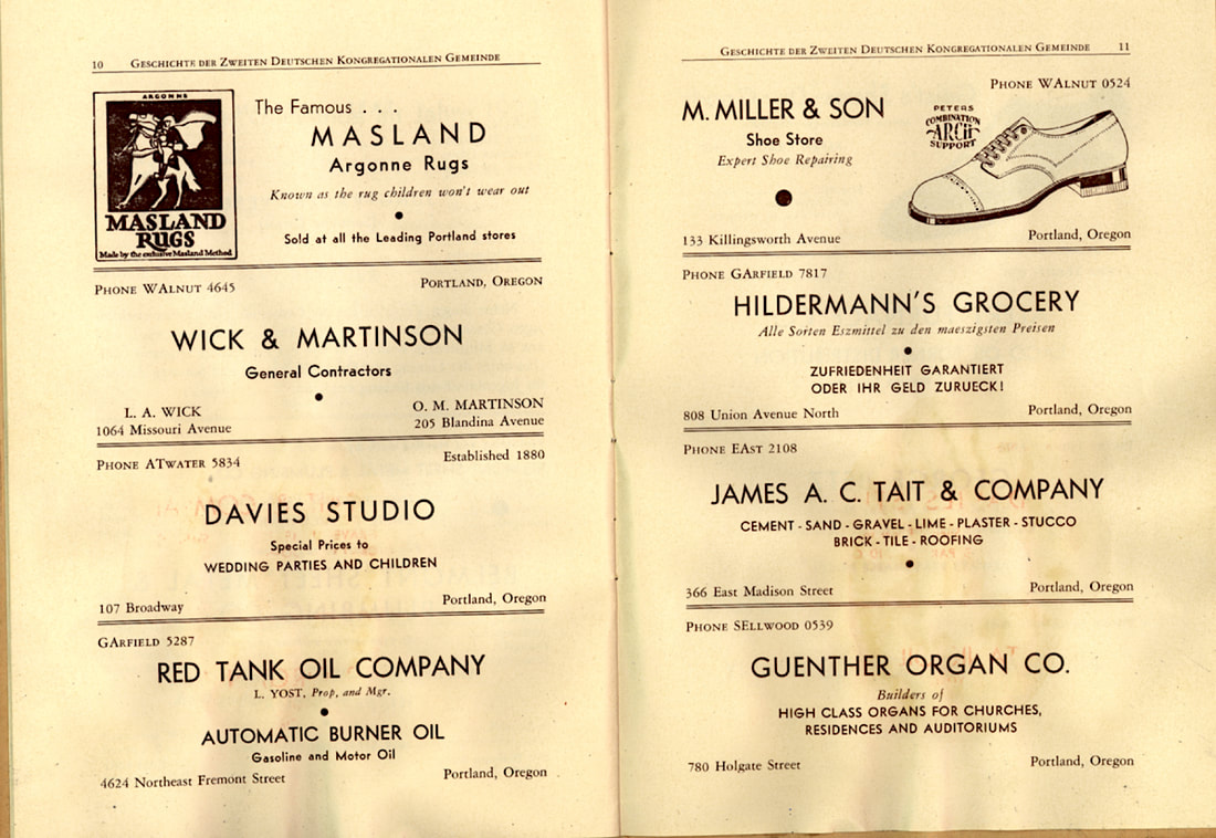 Page showing an advertisement for Hildermann's Grocery from the 20th Anniversary booklet for the Second German Congregational Church in Portland (1932). Source: Steve Schreiber.