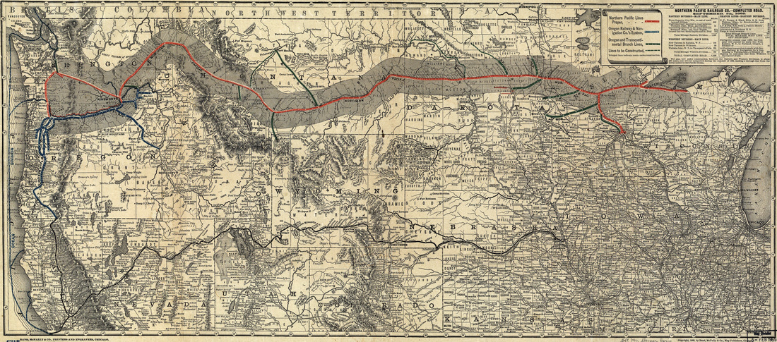 Map showing the Northern Pacific Railroad, Union Pacific Railroad and the Oregon Railway and Navigation Company routes in 1882