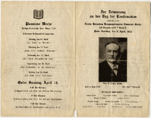 Ebenezer confirmation program from 1922 featuring a photograph of Rev. George Zocher.