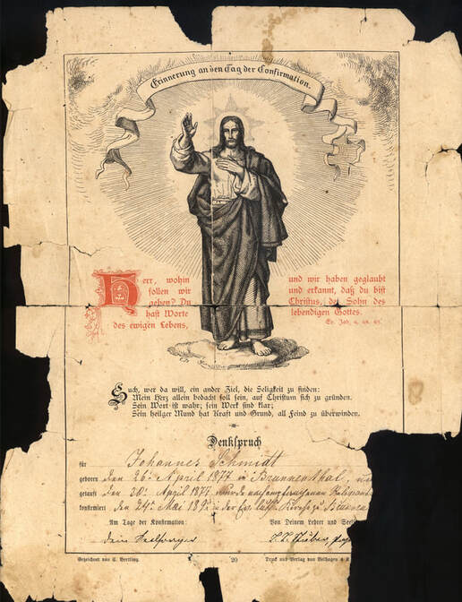 Johannes Schmidt's Confirmation Certificate from the church in Brunnental, Russia