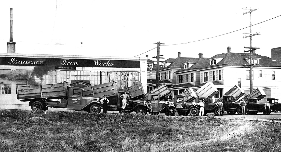 A line of Volga German garbage haulers in Portland. The companies represented include John Walker and Son, Deines and Son and Henry Hohnstein & Christian Dick. Photograph courtesy of Marie Krieger. Caption information provided by Georgia Conway.