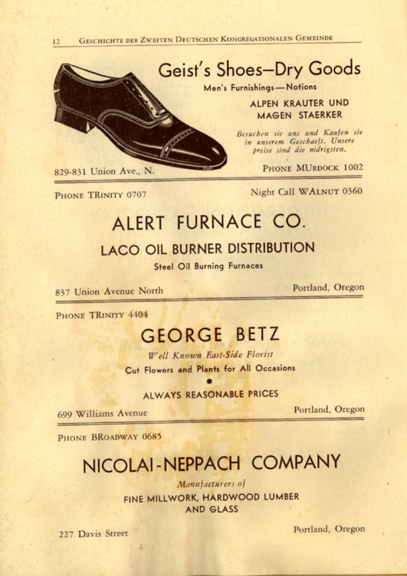 Page showing an advertisement for Geist's Shoes and Dry Goods and George Betz Florist from the 20th Anniversary booklet for the Second German Congregational Church in Portland (1932). Source: Steve Schreiber.