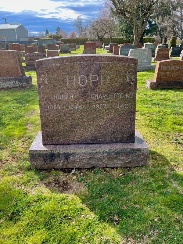 Headstone for John H. and Charlotte M. Hopp at the Rose City Cemetery in Portland. Source: Steven Schreiber.
