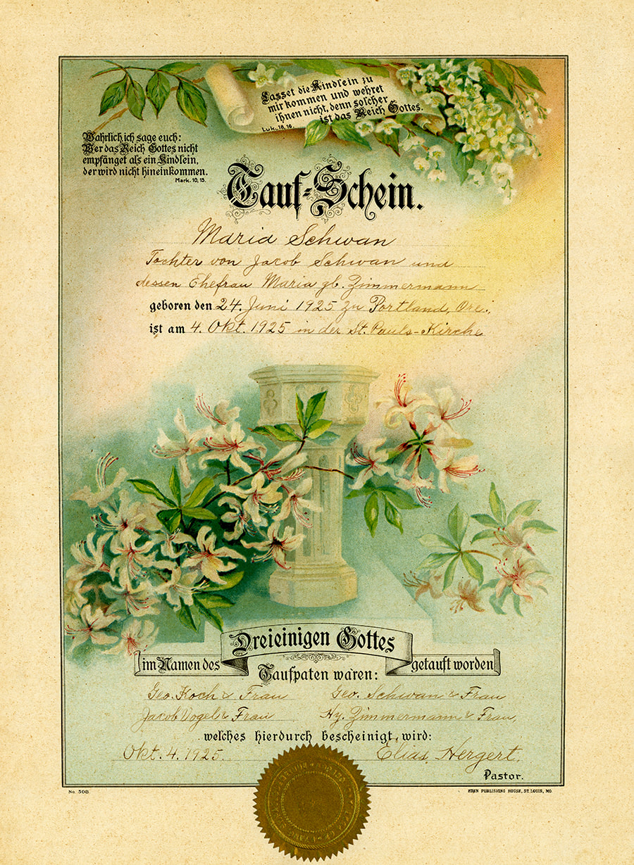 Maria Schwan baptism certificate