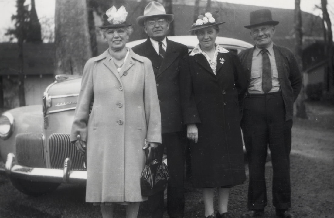 Photograph of the Rueck brothers and wives in Scholls, Oregon in the late 1930’s.