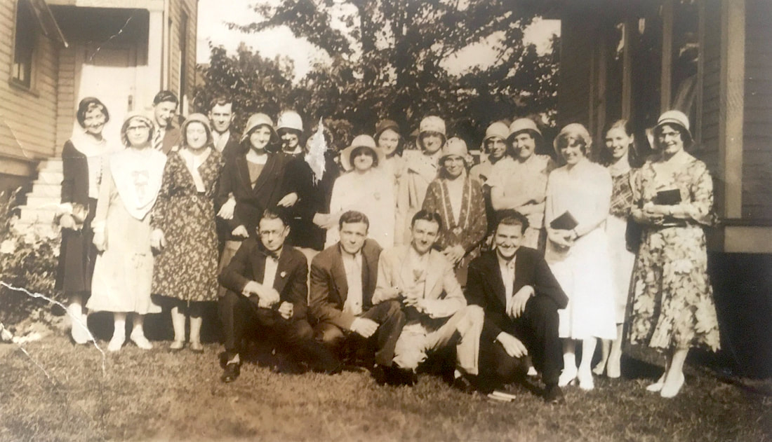 A group of young people gathered outside the Second German Congregational Church. Christine Seder is the fourth woman from the left. Source: Terrie Conyers who identified her aunt.