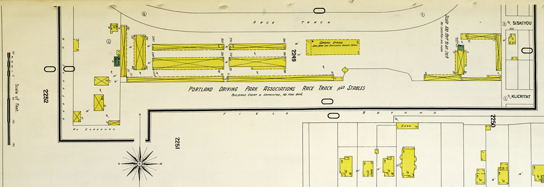 Section of the 1901 Sanborn Fire Insurance Map showing the northern portion of the racetrack and its associated buildings. Source: Library of Congress (Public Domain).